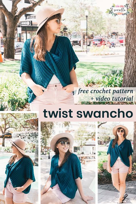 Crochet this easy beginner friendly twist swancho - a mix between a sweater and a poncho! It's oversized, super comfortable, and easy for layering through all seasons. Find the #freepattern and #videotutorial on my blog! #crochet #easy #beginner #DIY #howto #sweater #poncho #swancho Crocheted Shawls, Crochet Apparel, Knitting Poncho, Crochet Bodycon Dresses, Crochet Bloggers, Trendy Sewing Patterns, Crochet Baskets, Crochet Twist, Scarf Tutorial