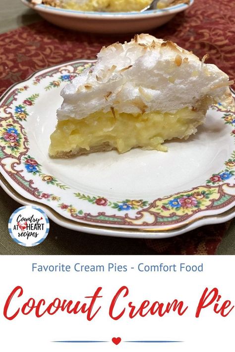 Here's a delightful recipe for my husband's favorite pie. A delicious vanilla pudding flavored with sweetened coconut flakes and topped with a fluffy, light-as-clouds meringue. I like making this pie from fall to spring, as it just goes perfectly with other comfort food recipes. #coconutcreampie #creampies #meringue #pies #sweetenedcoconutflakes #vanillapudding #vegetableshortening #desserts #countryatheartrecipes Vanilla Pudding Desserts, Meringue Pies, Pudding Flavors, Heart Recipes, Cream Pies, Coconut Pie, Coconut Cream Pie, Favorite Pie, Comfort Food Recipes