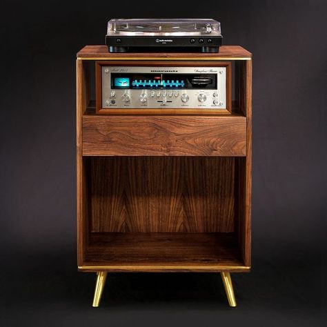 Vintage Stereo Cabinet, Vinyl Record Furniture, Rustic Media Console, Vinyl Cafe, Hifi Furniture, Audio Cabinet, Surfboard Table, Unique Console Table, Walnut And Brass