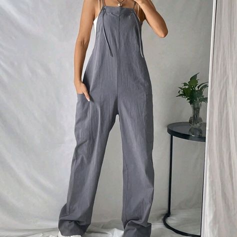 Gray Coolane Pocket Side Cami Jumpsuit **No Top* 100% Polyester Annabelle Core, Blue Jumpsuits Outfit, Grey Overalls, Jumpsuit Outfit Casual, Baggy Jumpsuit, Overalls Outfit, Cami Jumpsuit, Loose Jumpsuit, Linen Fashion