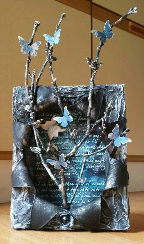 Mixed Media Art - 3D Canvas by Heather's Craft Studio Box Assemblage, Ideas For Painting, Mixed Media Diy, Mixed Media Art Canvas, Mixed Media Crafts, Collage Techniques, Blue Butterflies, Soyut Sanat Tabloları, Art Mixed Media