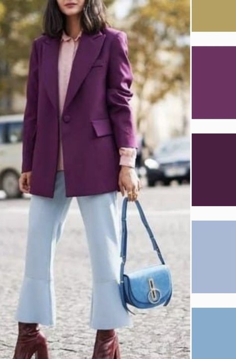 Magenta Outfits, Outfit Celeste, Purple Coat Outfit, Coat Outfits For Women, Bright Winter Outfits, Color Analysis Summer, Lookbook Casual, Green Pants Outfit, Colorful Wardrobe