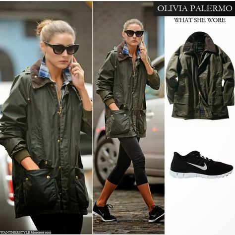 Olivia Palermo in olive green Barbour jacket, black leggings and black Nike sneakers Want Her Style #oliviapalermo #fashion Barbour Jacket Women Outfit, Barbour Jacket Outfit, Jacket Women Outfit, Barbour Jacket Women, Barbour Style, Black Nike Sneakers, Barbour Women, Jacket Outfit Women, Olive Jacket