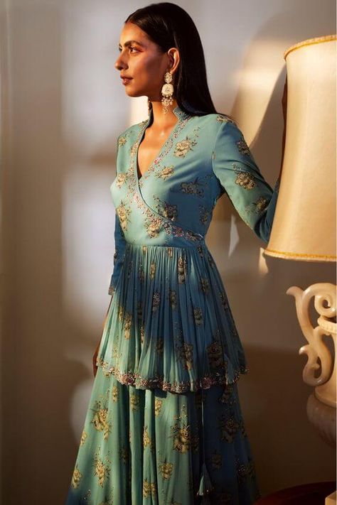 Angrakha Style Dresses Peplum With Skirt, Angrakha Style Dresses, Angrakha Dress, Print Lehenga, Angrakha Style, Indian Outfits Lehenga, Lehnga Dress, Lehenga Blouse Designs, Gaun Fashion