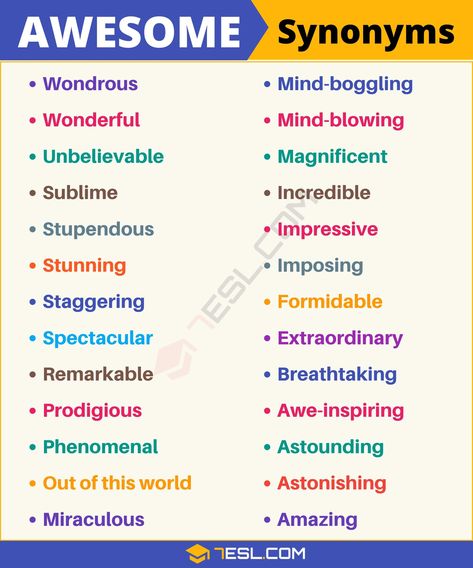 AWESOME Synonym: List of 26 Synonyms for Awesome with Examples Synonyms For Awesome, Essay Writing Skills, Descriptive Words, Good Vocabulary Words, Good Vocabulary, English Language Teaching, English Writing Skills, Words To Use, Learn English Vocabulary