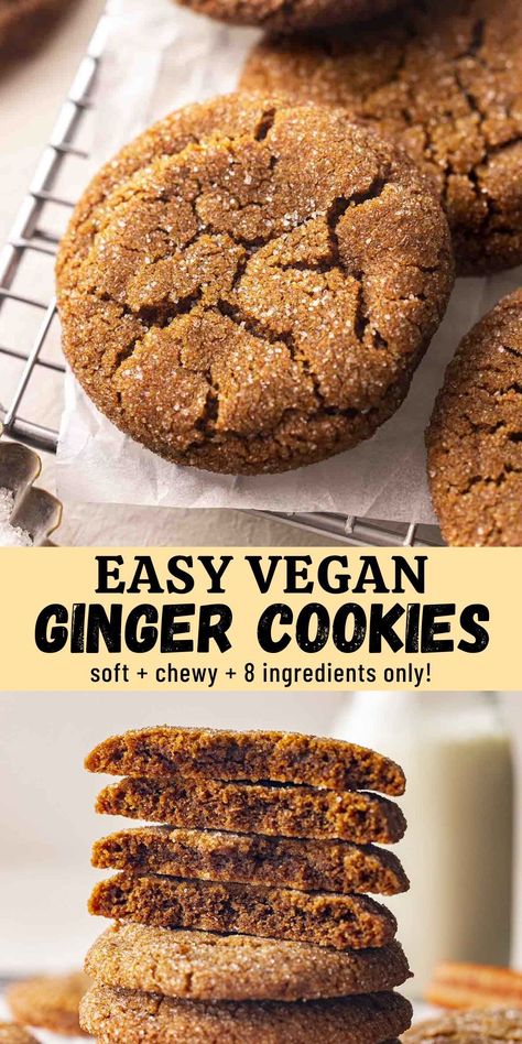 These chewy and soft vegan ginger cookies with crispy edges and lots of ginger flavor. They're easy to make, use only 8 pantry ingredients and come together in one bowl. Rainbow Nourishments, Vegan Ginger Cookies, Vegan Molasses Cookies, Cookies 2023, Vegan Christmas Desserts, Healthy Vegan Cookies, Ginger Snaps Recipe, Vegan Pumpkin Cookies, Easy Vegan Cookies