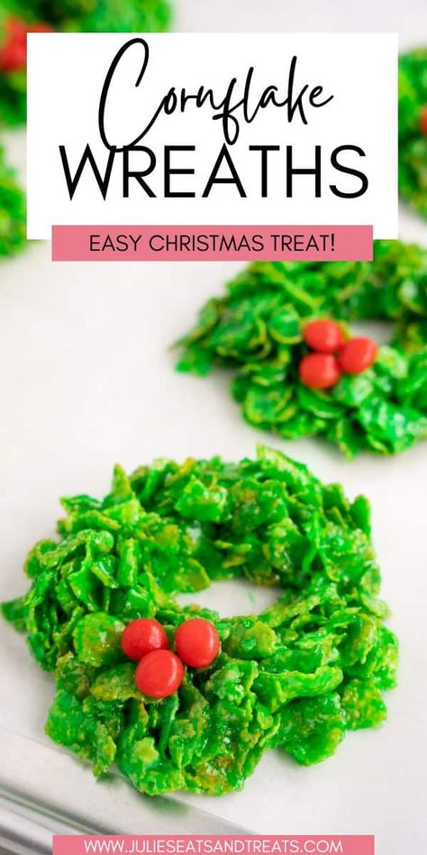 Christmas Cornflake Wreaths are an easy no bake Christmas treat! Ooey, gooey marshmallow with cornflakes shaped into a Christmas wreath and adorned with red hots. They are delicious and so easy to make! Cornflake Wreaths, Christmas Wreath Cookies, Red Hots Candy, Christmas Baking Cookies, Best Christmas Desserts, Wreath Cookies, Easy Christmas Cookie Recipes, Christmas Cookie Recipes, Christmas Cocktail