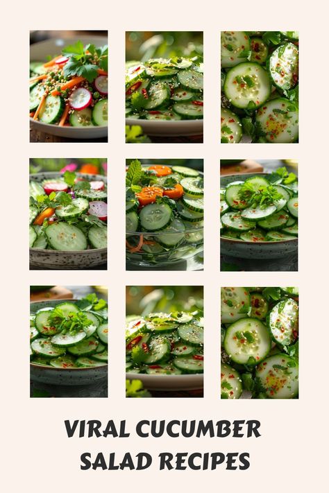 Viral cucumber salad recipes displayed in a photo collage. Easy Asian Cucumber Salad, Asian Cucumber Salad Recipe, Viral Cucumber, Cucumber Salad Recipes, Bbq Chicken Sandwich Recipes, Cucumber Salads, Black Bean Hummus, Easy Bbq Chicken, Easy Zucchini Recipes