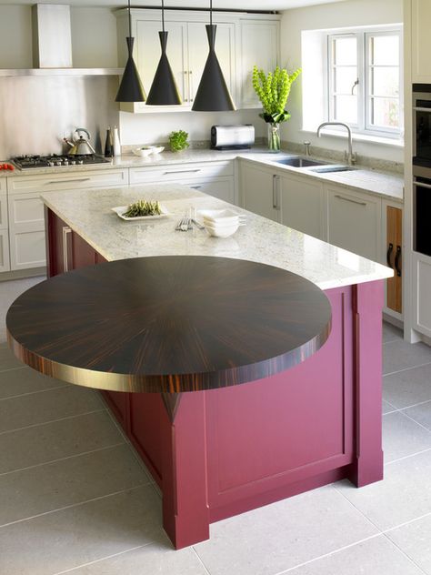 Contemporary shaker-style kitchen with bold island design painted in 'Shaker Red' by Zoffany with round veneered breakfast bar overhang. Contemporary Shaker Kitchen, Farmhouse Kitchen Cabinet Decor, Contemporary Style Kitchen, Butcher Blocks, Shaker Style Kitchens, Breakfast Bar Kitchen, Round Kitchen, Farmhouse Kitchen Cabinets, Kitchen Cabinets Decor