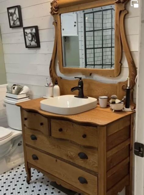 Dresser Sink Vanity, Dresser Sink, Dresser Vanity Bathroom, Unique Bathroom Vanity, Diy Bathroom Vanity, Bathroom Farmhouse Style, Country Bathroom, Rustic Bathrooms, Bathroom Remodel Designs