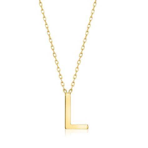 Ross-Simons - L - Italian 14kt Yellow Gold Initial Necklace. 16". RS Pure. Modern designs that complete your outfit and complement your personality. Our dainty 14kt yellow gold initial necklace is just the statement to set your style apart! Features the letter "L" stationed on a simple cable chain with a 2" extender. Made in Italy. Springring clasp, 14kt yellow gold initial necklace. L Necklace, Gold Initial Necklace, Initial Necklace Gold, Letter L, Gold Initial, Gold Pendant Necklace, Initial Necklace, Christmas List, Cable Chain