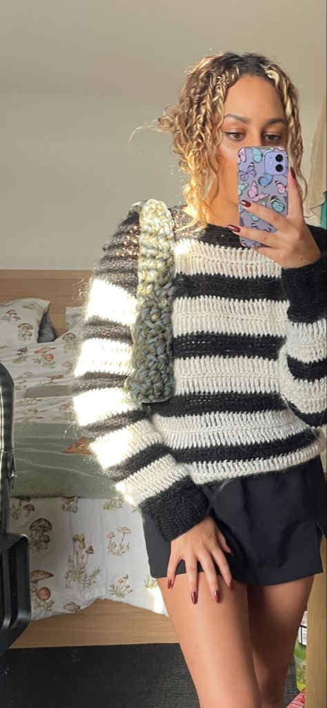 Crochet, jumper, yarn, mohair, striped, chic, clean, girl, aesthetic, fall vibes , autumn inspo, cozy, season, clean girl Crochet Jumper Outfit, Crochet Jumper, Jumper Outfit, Birthday Projects, Summer Crochet, Grey Stripes, Crochet Clothes, Jumper, Black And Grey