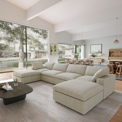 Sofa classic style, sofa filled with sponge, down, very comfortable. Latitude Run® Body Fabric: Khaki Linen Blend | Latitude Run® Ellerie 6 - Piece Upholstered Sectional White/Brown 33.0 x 160.6 x 40.15 in | NDEK1841_94517388 | Wayfair Canada U Shaped Couch, Sofa With Ottoman, U Shaped Sectional Sofa, Couch With Ottoman, Upholstered Couch, Minimalist Sofa, Home Contemporary, Living Room Sofa Set, U Shaped Sectional