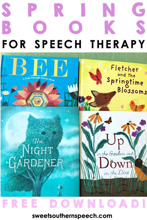 6 spring books for speech and language therapy. Download this free resource with focused language goals to use with picture books. Speech Therapy Thanksgiving, Speech Therapy Books, Spring Speech Therapy Activities, Speech Language Therapy Activities, Books For Speech Therapy, Spring Speech Therapy, Speech Therapy Room, Therapy Books, Thanksgiving Books