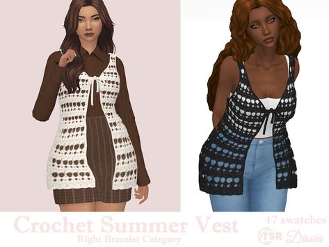 The Sims Resource - Crochet Summer Accessory Vest Sims 4 Knitting Cc, Sims 4 Tie Accessory, Sims 4 Cc Vest, Sims 4 Accessory Top, Sims 4 Crochet, Crochet Fishnet, Sims 4 Sims, Cc Sims4, Sims Clothes