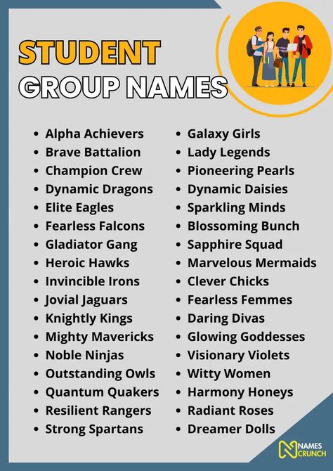 Student Group Names [470+ Best Ideas] - Names Crunch Anime Group Names Ideas, Czns Group Name, School Group Names, Group Names Ideas Creative, Aesthetic Group Names, Names For Groups, School Names Ideas, Best Group Names, Funny Nicknames For Friends