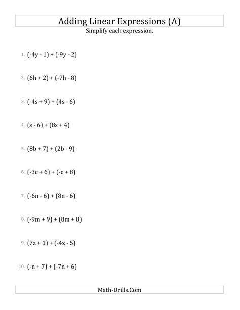 The Adding and Simplifying Linear Expressions (A) Math Worksheet Algebra Equations Worksheets, Subtraction Facts Worksheet, Writing Algebraic Expressions, Simplifying Rational Expressions, Evaluating Algebraic Expressions, Pre Algebra Worksheets, Literal Equations, Equivalent Expressions, Simplifying Algebraic Expressions