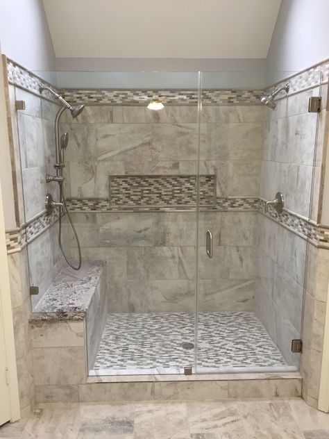 Double Shower Head With Bench, Walk In Shower Ideas 2023, Double Shower Head Master Baths Walk In, Double Shower Ideas, Double Shower Head Master Baths, Double Shower Head, Beige Marble Bathroom, Tiled Showers, Restroom Remodel