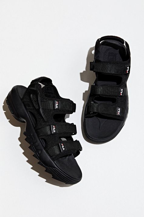 FILA UO Exclusive Disruptor Sandal | Urban Outfitters Fila Sandals, Fila Shoes, Sandals Outfit, Shoes For Men, Mens Sandals, Mens Casual Shoes, Platform Sandals, All Black Sneakers, Hiking Boots