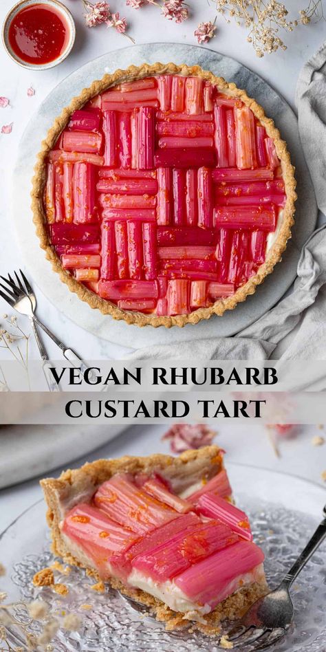 Vegan Rhubarb Pie, Vegan Rhubarb Cake, Vegan Custard Tart, Rhubarb Recipes Vegan, Rhubarb Vegan Recipes, Vegan Rhubarb Recipes, Rhubarb Tarte, Whimsical Baking, Difficult Recipes