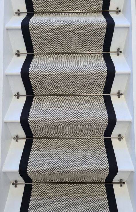 Java Quality Herringbone Stair Runner With 100 % Cotton Black Border | eBay Black Herringbone Stair Runner, Stair Carpet Ideas Grey, Black And White Bannister, Stairs Runner Carpet, Stair Runner With Rods, Painted Stairs With Runner, Herringbone Carpet Stairs, Stairs With Carpet Runner, Stair Carpet Ideas