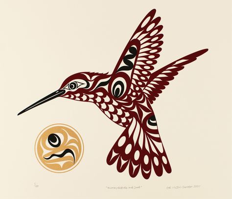 Limited edition Native American serigraph titled Hummingbird and Sun by Joe Wilson Native Animal Art, Indigenous Animal Art, Native Hummingbird Art, Hummingbird Native Art, Native Hummingbird Tattoo, Native Art Tattoo, Native American Hummingbird Tattoo, Haida Hummingbird, Indigenous Hummingbird