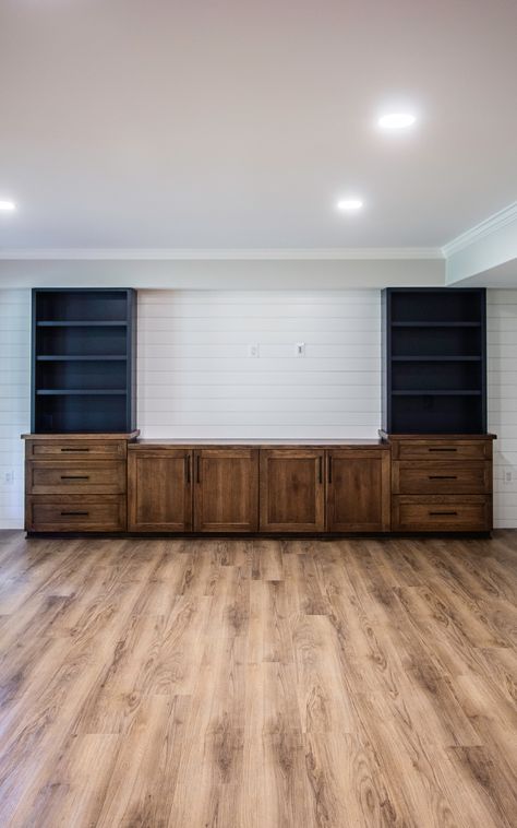 Abiding Aldie Basement - Transitional - Basement - DC Metro - by Murphy's Design | Houzz Basement With Desk Area, Restoration Hardware Basement, Built In Shelves Basement, Bar With Full Size Refrigerator, Basement Cabinet Ideas, Cabinets In Basement, Moody Basement Ideas, Sports Basement, Gray Basement