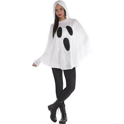 Whether you want to look spooky or cute the Ghost Poncho for adults is just the thing! Made of lightweight knit fabric this white hooded poncho is a comfortable way to dress up as a ghost this Halloween! With an applique ghost face featured on the front in black it makes for an easy ghost costume. If it gets a little chilly while you're out haunting on Halloween just pull up the attached hood! Shoes and pants not included. Adult Ghost Costume product details:  100% polyester One size fits most u Easy Ghost Costume, Spirit Costume, Ghost Halloween Costume, Ghost Costume, Scary Costumes, Halloween Costume Shop, Dressup Party, Hooded Poncho, Ghost Face