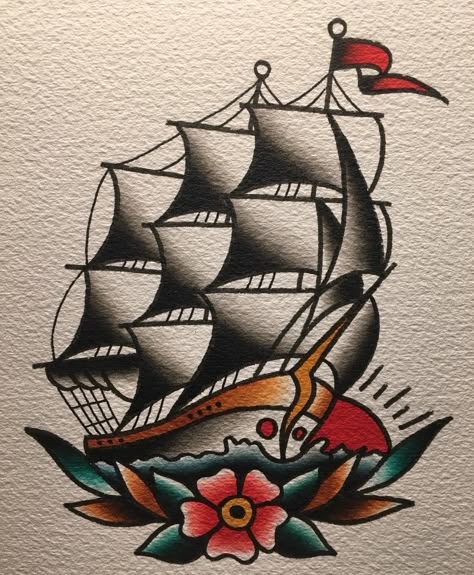 Traditional Nautical Tattoo, Traditional Tattoo Painting, Traditional Sailor Tattoos, Traditional Ship Tattoo, Sailor Jerry Tattoo Flash, Tato Tradisional, Boat Tattoo, Vintage Tattoo Design, Sailor Tattoo