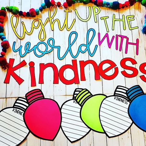 This simple bulletin board was easy and looked beautiful in my classroom last year. Looking forward to doing this again with my students.… Light Up The Season With Kindness Bulletin Board, Light Up The World With Kindness, Bulletin Board Ideas Winter, Kindness Worksheet, Kindness Bulletin Board Ideas, Kindness Board, Christmas Bulletin Board Ideas, December Bulletin Boards, Writing Bulletin Boards