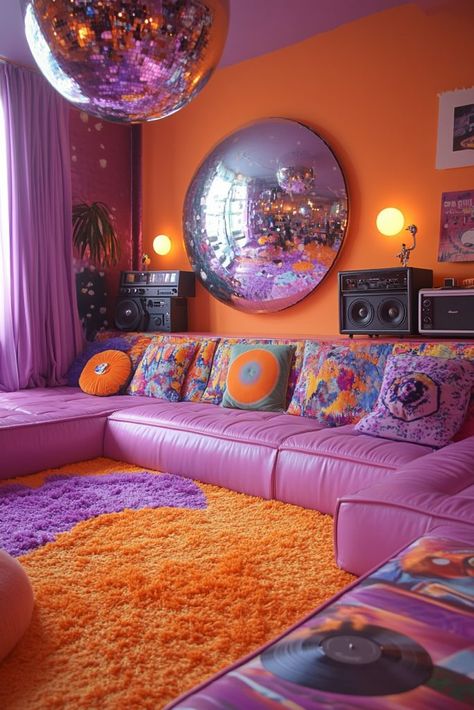 1970s Disco Den Fantastic Interior Design, 70s Groovy Room Aesthetic, Disco Themed Living Room, Funky Apartment Living Room, Groovy Living Room Decor, Funky Room Design, Trippy Interior Design, Whimsical Living Room Ideas, Disco Ball In Living Room