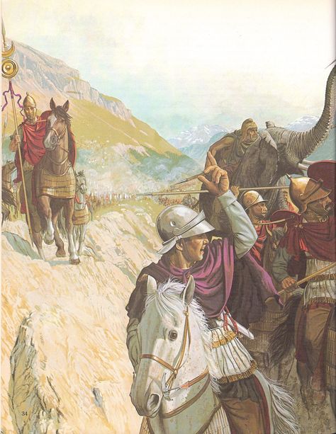 Hannibal's army crossing the Alps. Hannibal, at the head of his bodyguard, tries to force his way through the attacking Celts. - Peter Connolly (Roman Battles/Miltary History/Carthage/Punic Wars/Great Generals Commanders) Hannibal Barca, Ancient Carthage, Punic Wars, Classical Antiquity, Ancient Warfare, Roman Soldiers, Historical Artwork, Carthage, Roman History