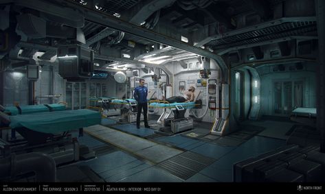 ArtStation - The Expanse S3 - Agatha King Medbay, Lee Fitzgerald Sci Fi Hospital, Scifi Interior, Battlestar Galactica Ship, Environment Props, Google Lens, Technology Design, Space Station, Cool House Designs, Environment Concept Art