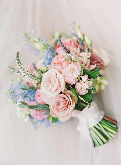 pink and blue even stem cut bouquet with white ribbon Delphinium Wedding Bouquet, Prom Bouquet, Blue Flowers Bouquet, Pink Peonies Bouquet, Spring Wedding Bouquets, Cascading Wedding Bouquets, Bridal Bouquet Pink, Summer Wedding Bouquets, Wedding Bouquets Pink