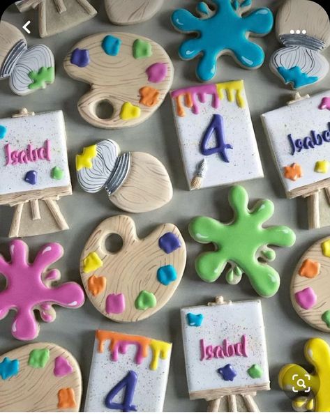 Fourth Birthday Party Ideas, Sugar Cookies Birthday, Paint Birthday Party, Art Birthday Party Invitations, Cookies Birthday Party, Fourth Birthday Party, Artist Party, Royal Icing Sugar Cookies, Art Cookies