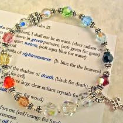 23rd Psalm Elastic. $28, Contains: Swarovski Crystals, Sterling Silver Cross and Beads. Prayer card describing significance of color of beads. buchingham.style.com Psalm Bracelet, Psalm 23 Bracelet, 23 Psalm, The 23rd Psalm, Salvation Bracelet, 23rd Psalm, Prayer Jewelry, Scripture Jewelry, Holy Holy