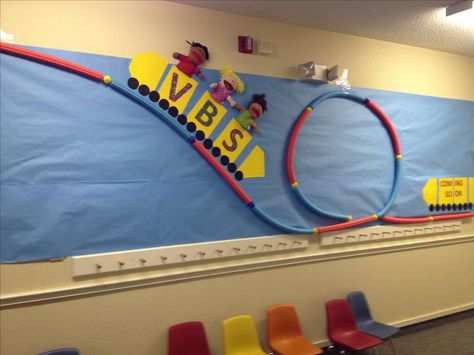 colossal coaster vbs decorating ideas Pool noodles for a roller coaster Roller Coaster Theme, Vacation Bible School Craft, Preschool Rooms, Vbs Themes, Bible School Crafts, Bulletin Board Ideas, Vbs Crafts, Church Activities, Church Crafts