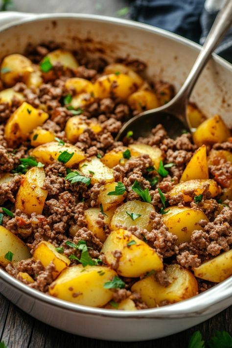 Ground beef and diced potatoes garnished with parsley in a white dish with a serving spoon. Recipes With Ground Turkey And Potatoes, Ground Turkey And Potatoes, Ground Beef And Potato Recipes, Crockpot Chicken And Potatoes, Potato Recipes Crockpot, Potatoes Skillet, Cooking With Ground Beef, Comforting Dinner, Ground Beef And Potatoes