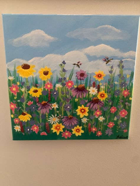 Flower Paintings On Canvas Easy, Wildflower Painting Easy, Garden Painting Easy, Flower Paintings On Canvas, Field Of Flowers Painting, Paintings On Canvas Easy, Pencil On Canvas, Small Canvas Paintings, Hippie Painting