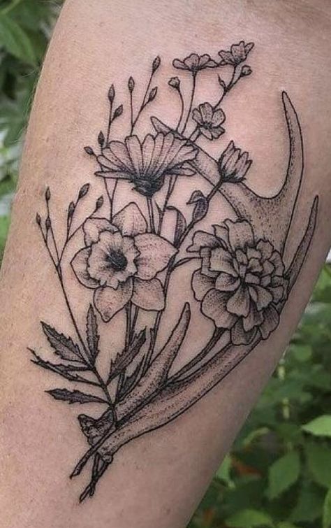 Women Antler Tattoo, Deer Shed Tattoo, Tattoo Ideas Female Hunting, Western Neck Tattoos Women, Deer Skull And Flowers Tattoo, Deer Antler Sleeve Tattoo, White Claw Tattoo, Women Hunting Tattoos, Antler Floral Tattoo