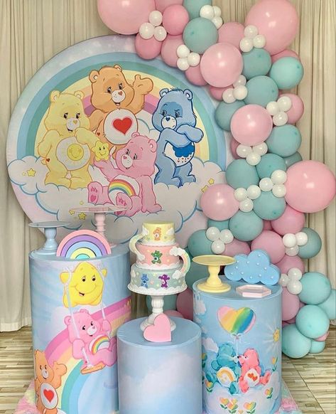 Care Bears Birthday Theme, Carebear Theme Party Decorations, Care Bear Baby Shower Theme Girl, Care Bears Party Theme, Care Bear Gender Reveal Ideas, Care Bear Party Theme, Care Bear Balloon Arch, Carebears Party Theme, Care Bears Gender Reveal