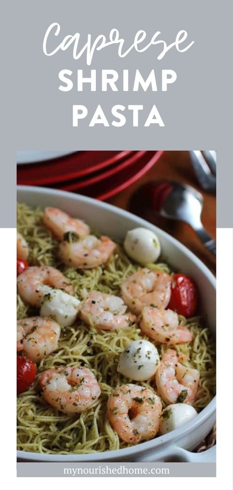 Caprese Shrimp Pasta is the solution to dinner when you have no time to cook. This dinner consists of prepared pesto, shrimp that cooks in 3 minutes, and a box of pasta to make the most decadent dinner ever. Feel free to serve it for a dinner party – it is that good. Shrimp Caprese, Caprese Pasta Recipe, Easy Shrimp Pasta, Decadent Dinner, Pesto Shrimp, Caprese Pasta, Easy Shrimp, Healthy Family Meals, Shrimp Pasta