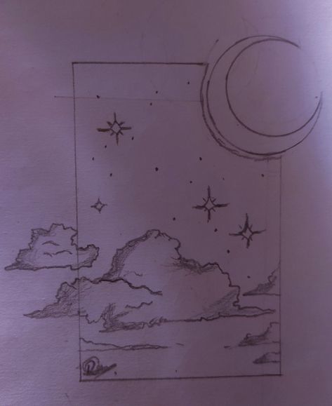 Dreaming Drawing Ideas, Moon Sketches Aesthetic, Night Sky Pencil Drawing, Moon And Stars Sketch, Moon Drawing Pencil Sketches, Drawing Moon And Stars, Simple Moon Drawing, Night Time Drawing, Night Sky Sketch