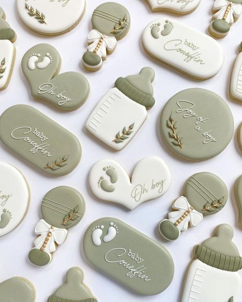 Sage Green And Brown Baby Shower Ideas, Sage And Cream Baby Shower Ideas, Sage Baby Shower Cookies, Baby Bottle Cookies Decorated, Sage Green Cookies, Sage Green Baby Shower Cookies, Galletas Baby Shower Boy, Baby Shower Ideas Sage Green, Sage Baby Shower Decor