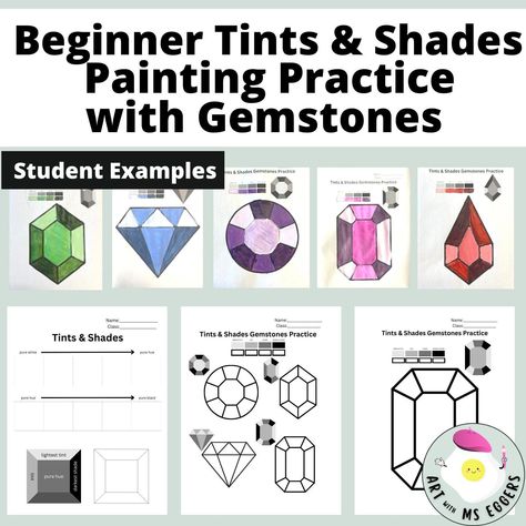 Learn how to paint tints and shades with these gemstone skill builder worksheets!  This is great for beginner painters learning about how to create different values. I use these in my middle school art classroom. This resource comes with 7 different practice worksheets! Monochromatic Painting Ideas, Art Middle School, Middle School Projects, Tints And Shades, Classe D'art, Elementary Art Rooms, 8th Grade Art, Painting Practice, Monochromatic Art