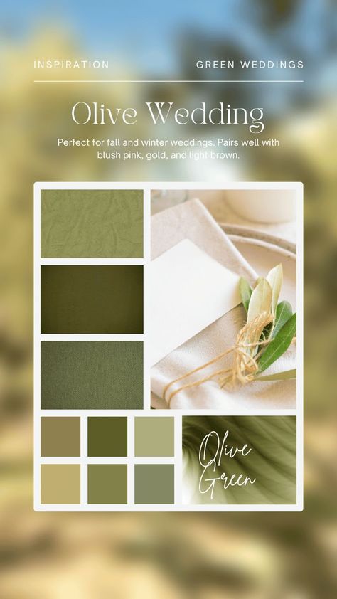 Looking for a versatile and classic wedding palette? Olive Green is perfect for any season! This romantic and elegant color pairs beautifully with blush pink, gold, and light brown. Capture unforgettable wedding photos that showcase the warmth and wisdom of this timeless color. #olivegreenwedding #weddingpalette #weddingphotos #weddinginspiration #weddingideas #weddingdecor #weddingstyle #weddingtrends #GreenWedding #WeddingColors2024 #WeddingColors2023 Olive Wedding Color Palette, Olive Green And Ivory Wedding Color Palettes, Olive Green And Champagne Gold Wedding, Olive Green Wedding Theme Color Schemes Bridesmaid Dresses, Olive Gold Color Palette, Olive Green Champagne Wedding, Olive Green And Champagne Wedding Color Schemes, Olive Green Wedding Palette, Olive Green And Champagne Wedding