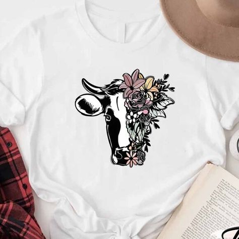 Floral Cow Shirt,Cow Mom Shirt, Cow Lover Shirt,Cow Shirt Women White Casual T-shirt With Cow Print, White Cow Print Crew Neck T-shirt, Casual Cotton T-shirt With Cow Print, Spring Cow Print Cotton Top, Spring Cow Print Short Sleeve Top, White Cow Print Top For Summer, Spring Cotton Cow Print Top, Cow Shirt, Streetwear Shorts