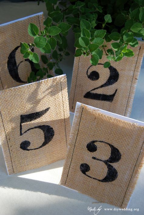 DIY  Burlap Table Numbers    http://www.diywedding.org/diy-wedding-ideas/wedding-table-numbers/burlap-wedding-table-numbers Burlap Wedding Table, Jute Wedding, Homemade Stencils, Table Numbers Wedding Diy, Table Numbers Wedding Rustic, Diy Table Numbers, Inexpensive Wedding Invitations, Wedding Rental, Rustic Style Wedding