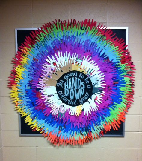 Hands Bulletin Board. I had the kids trace and decorate their hands as a first day project the put them together! Art Ed Hands Bulletin Board Ideas, Handprint Bulletin Board Ideas, Hand Bulletin Board Ideas, School Counseling Bulletin Boards, Counseling Bulletin Boards, Art Bulletin Boards, Library Boards, Bulletin Board Ideas, Art Resources