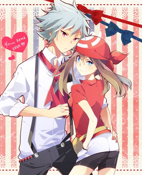 1boy 1girl ass ass_grab bandana bandanna belt_pouch bike_shorts black_bike_shorts blue_eyes bow brown_hair fanny_pack hand_in_pocket haruka_(pokemon) heart height_difference looking_at_viewer miyamotokannn necktie poke_ball pokemon pokemon_(game) pokemon_rse red_eyes shirt silver_hair striped striped_background suspenders tsuwabuki_daigo twintails waist_poke_ball Tsuwabuki Daigo, Steven Pokemon, Pokemon Heart, Pokemon Trainer Red, Hand In Pocket, Black Bike Shorts, Hair Stripes, Pokémon Oras, Pokemon Couples